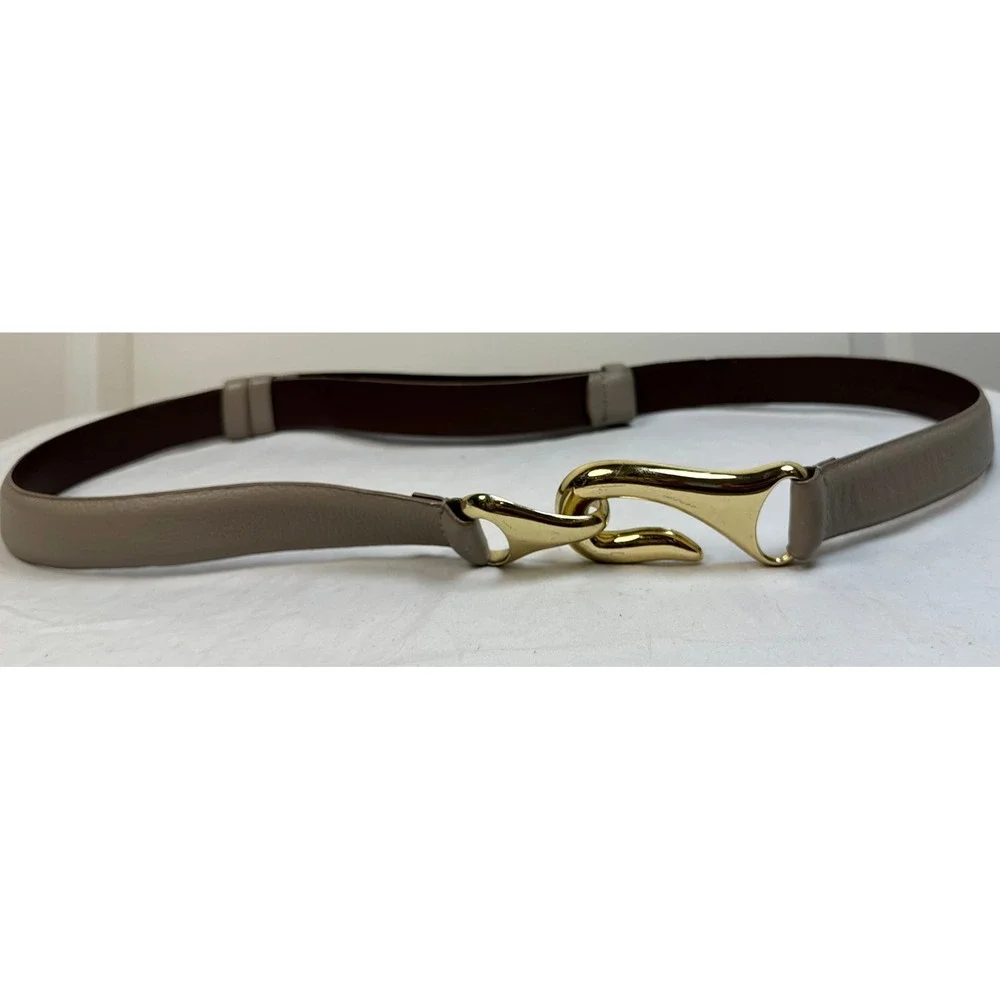 Chicos Taupe Genuine Leather Hook Belt Gold Hardware M/L Minimalist - Picture 2 of 9